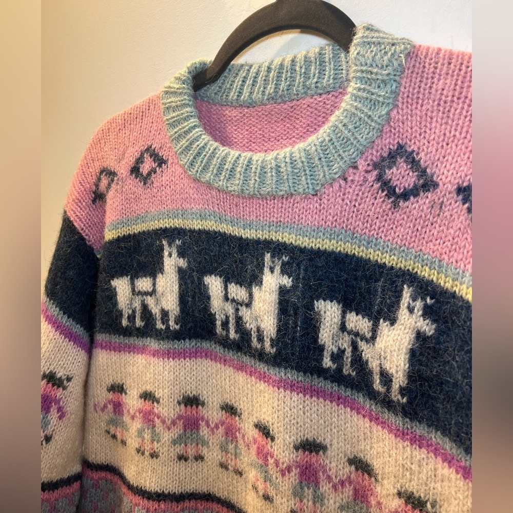 Vintage Hand Knit Mohair Sweater – Folk Art Animal Pattern Cozy Statement Knit - Picture 4 of 5